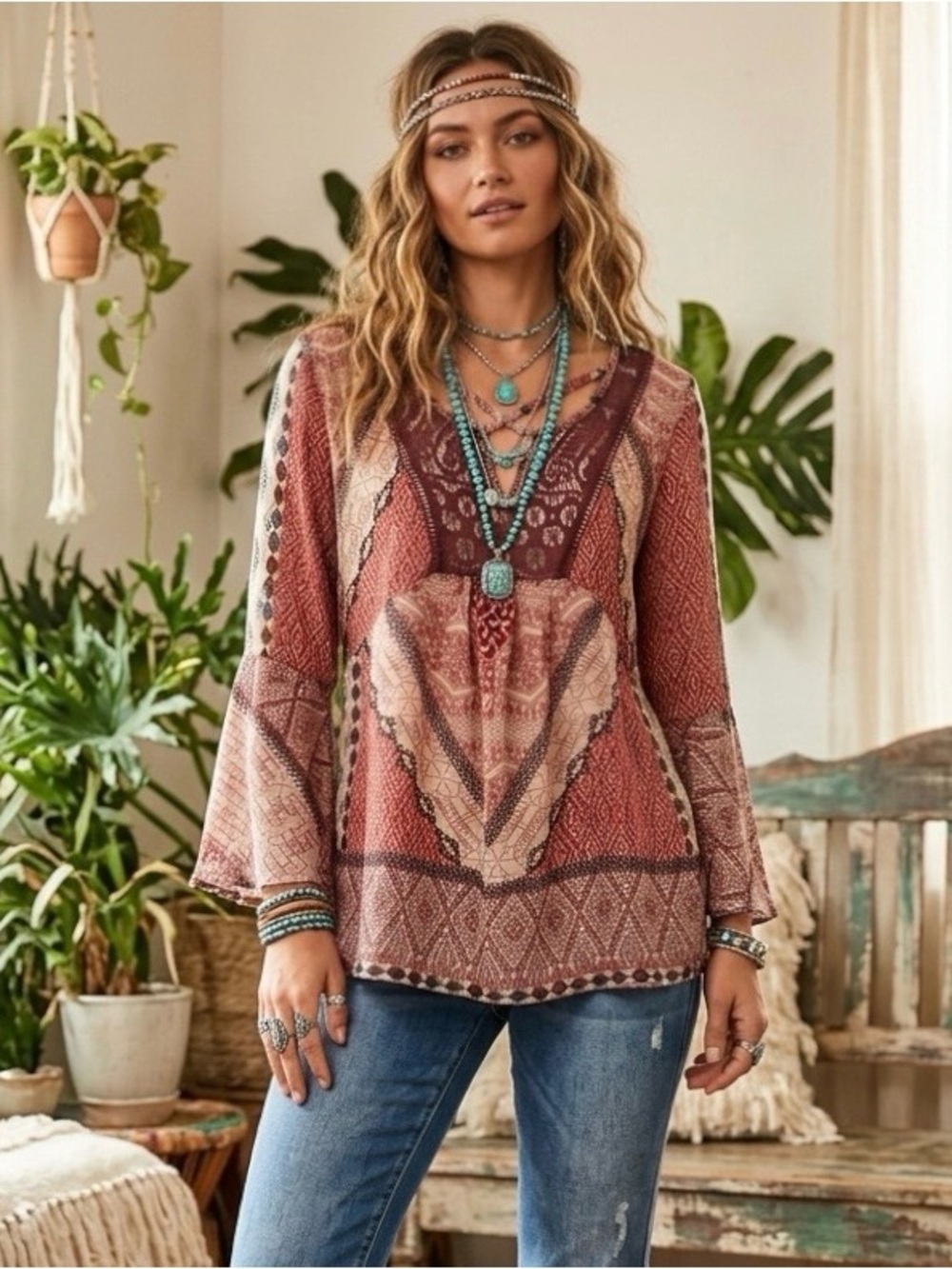 Maurices Boho Sheer Patchwork Lace Bib Fluted Sleeve Tunic Top S